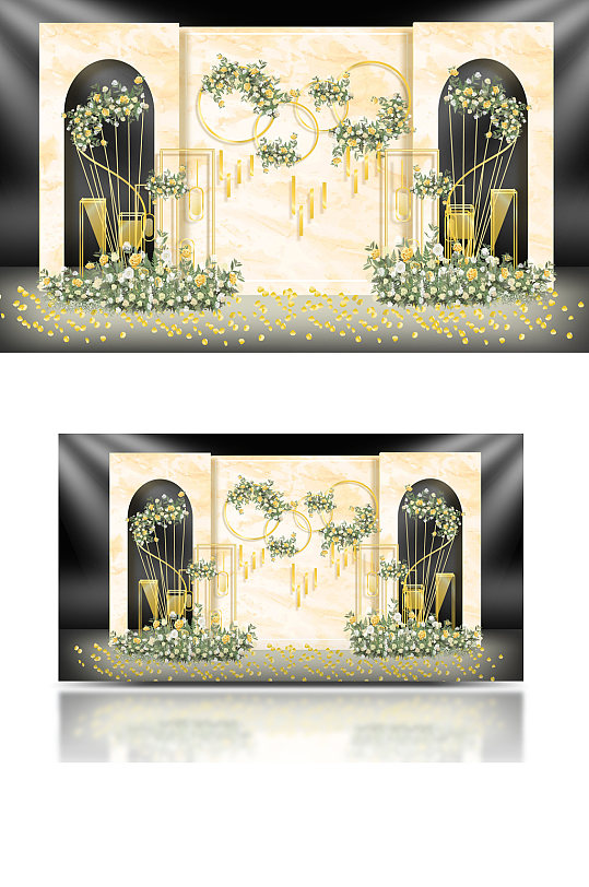 香槟色简约婚礼设计绿色背景板浪漫合影区-众图网