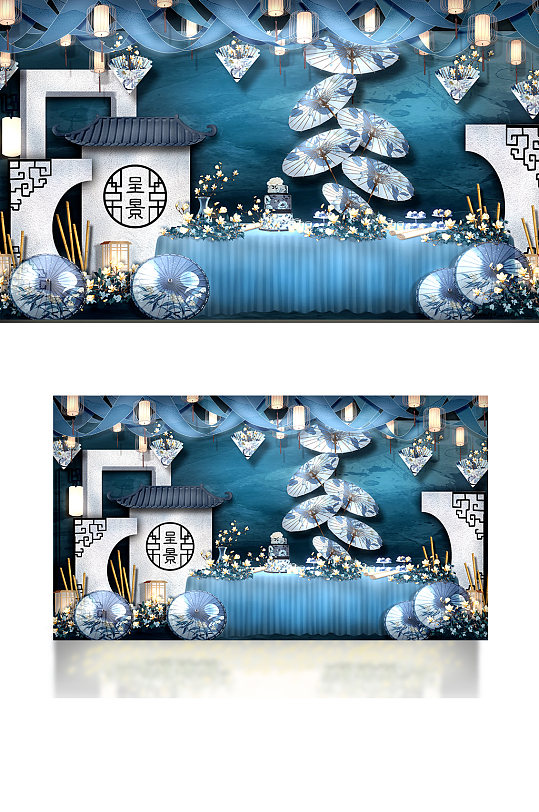 蓝色淡雅中式婚礼效果图温馨浪漫中国风-众图网