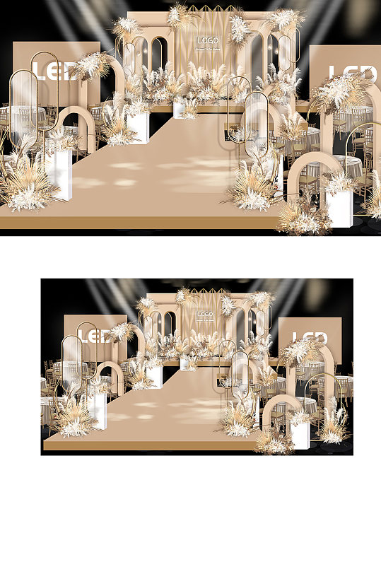原创香槟色简约婚礼厅内效果图轻奢舞台-众图网