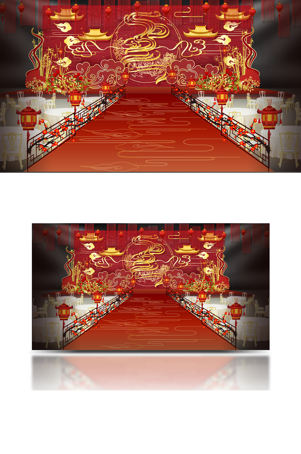 传统红色中式婚礼主舞台设计效果图中国风