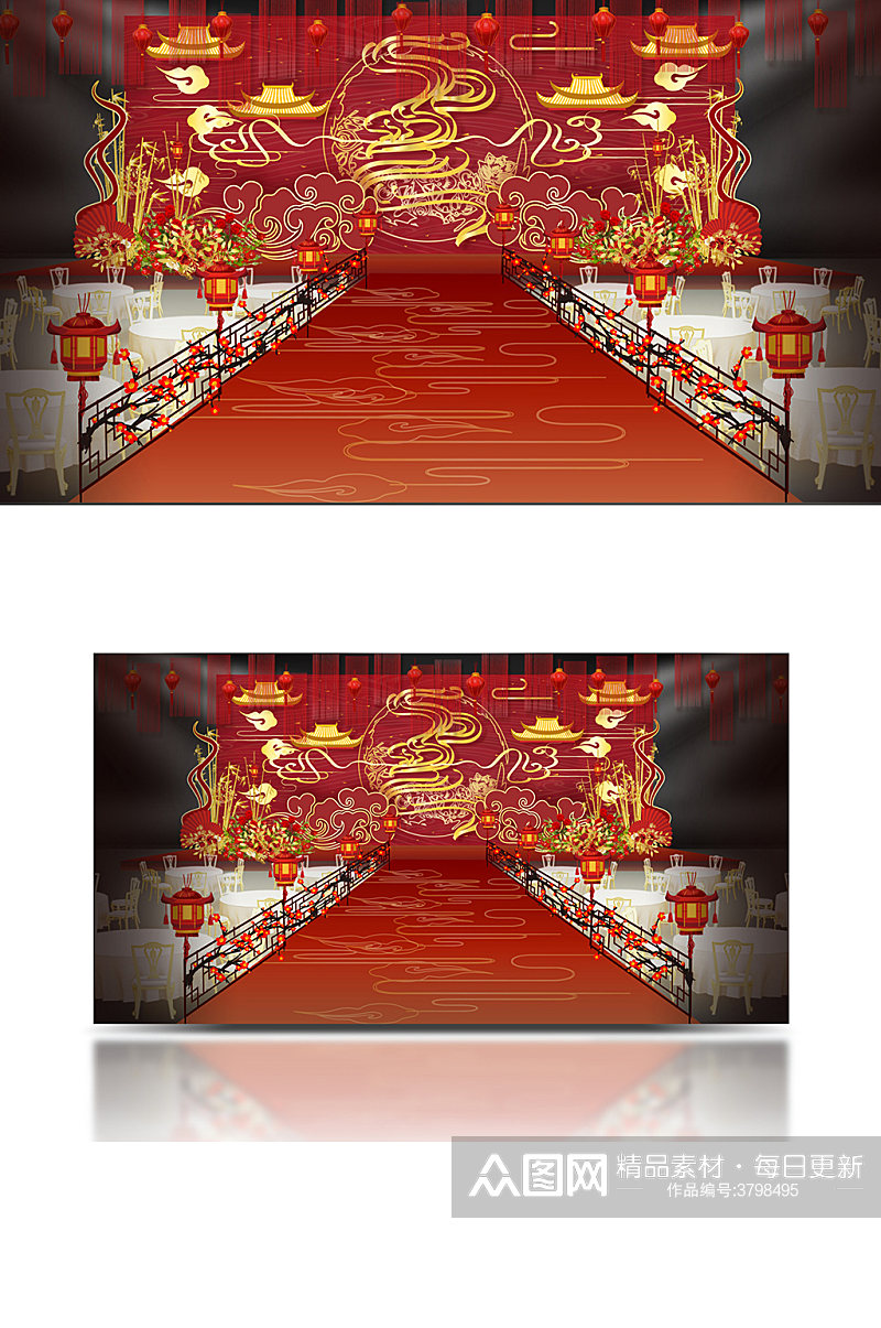 传统红色中式婚礼主舞台设计效果图中国风素材