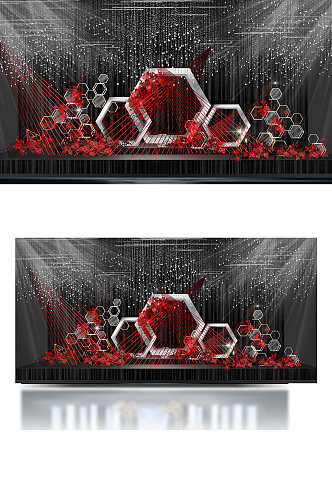 红黑时尚婚礼效果图大气合影区背景板