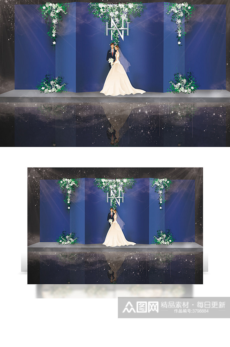 宝蓝色婚礼效果图源文件浪漫背景板合影区素材