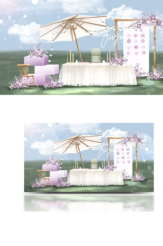 紫色法式户外婚礼效果图草坪签到区-众图网