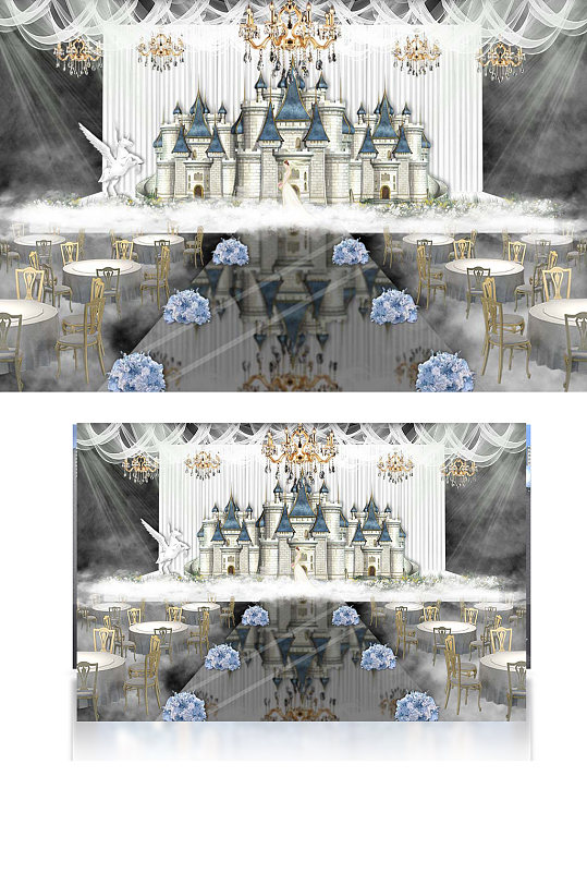 浪漫白蓝色婚礼效果图简约清新温馨城堡-众图网