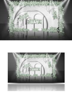 韩式极简白绿色迎宾合影区效果图浪漫背景板