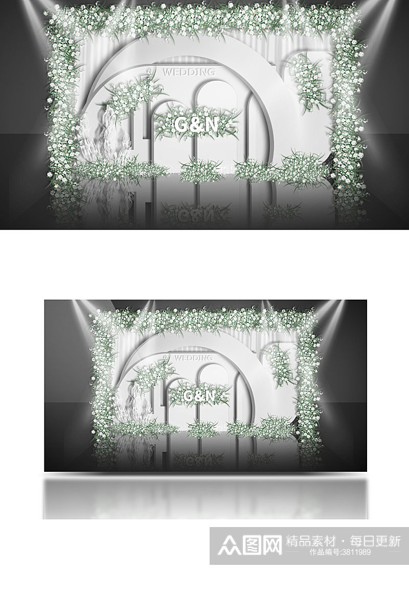 韩式极简白绿色迎宾合影区效果图浪漫背景板素材