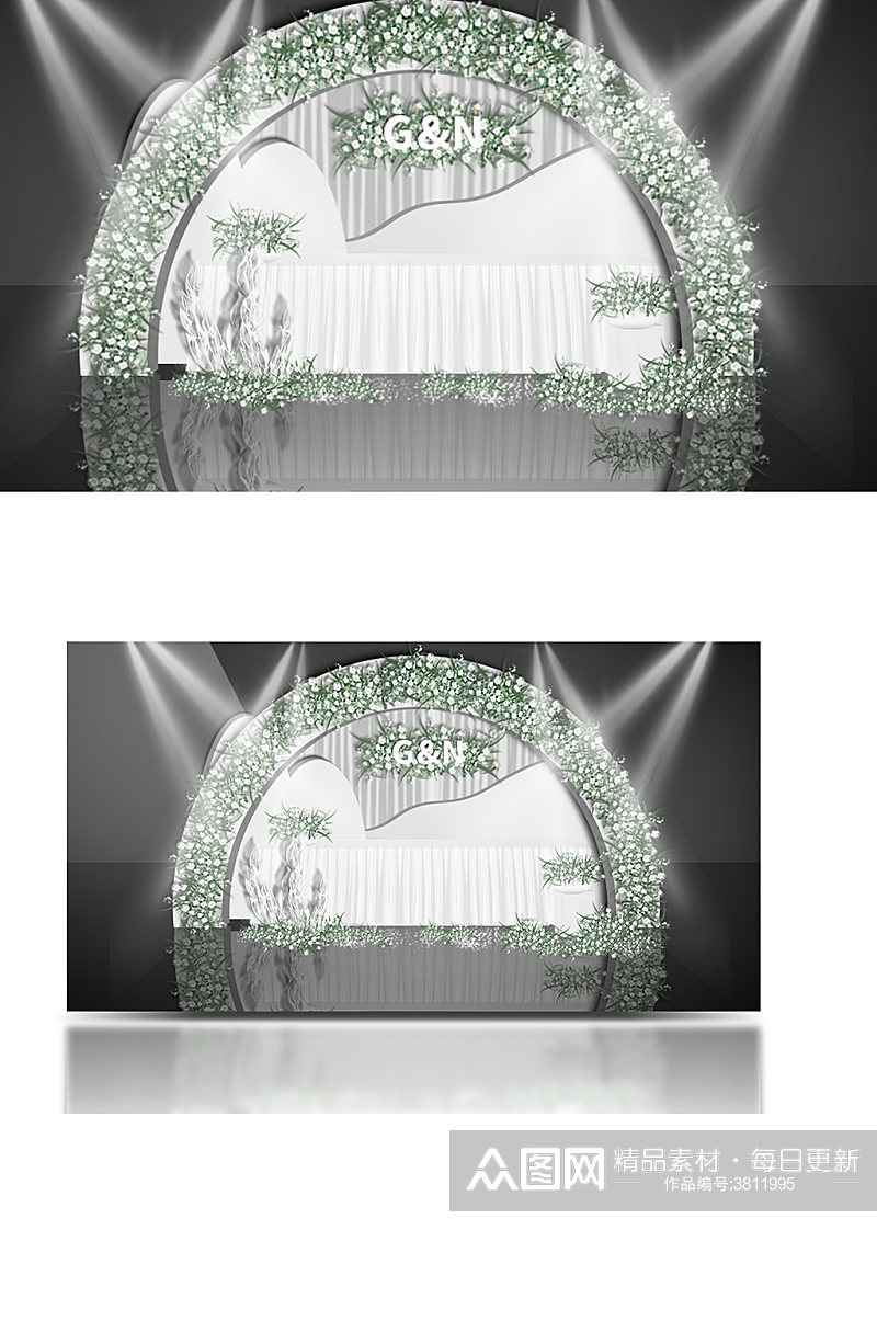 韩式极简白绿色签到区婚礼效果图浪漫拱形素材