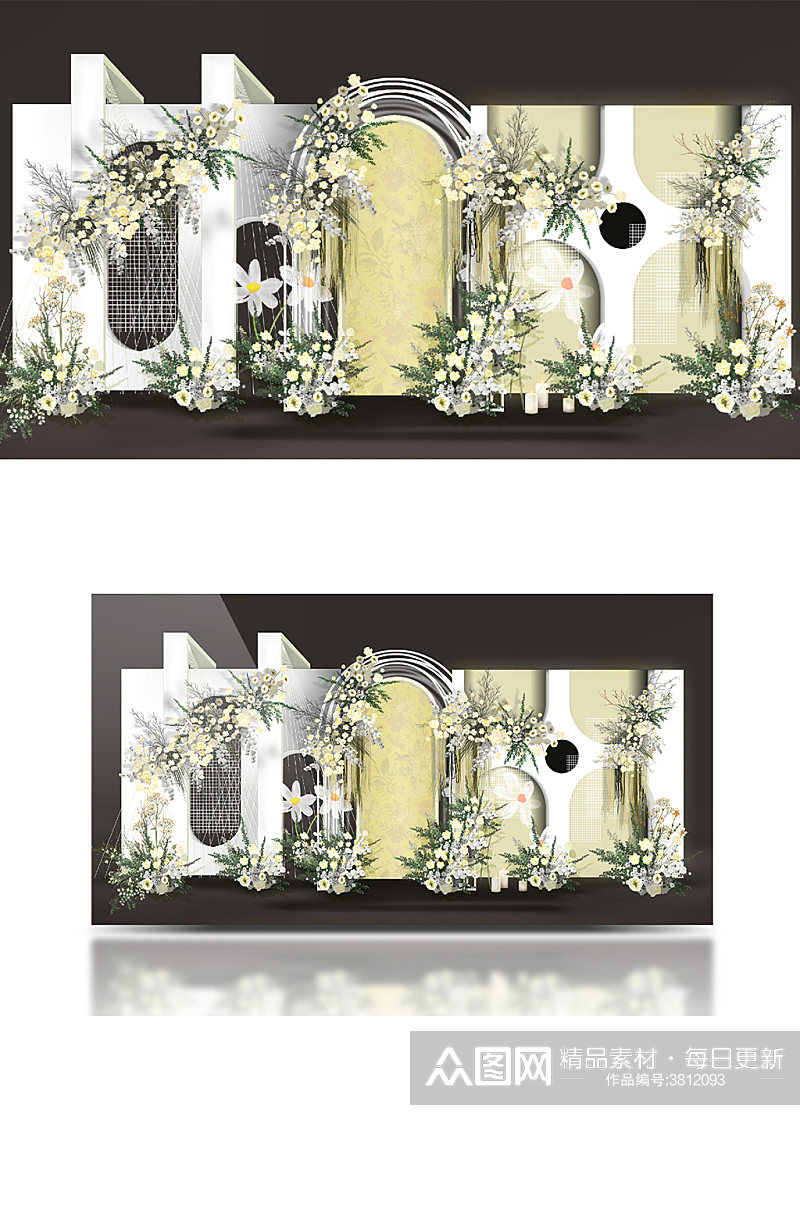白绿婚礼效果图设计清新迎宾合影区背景板素材