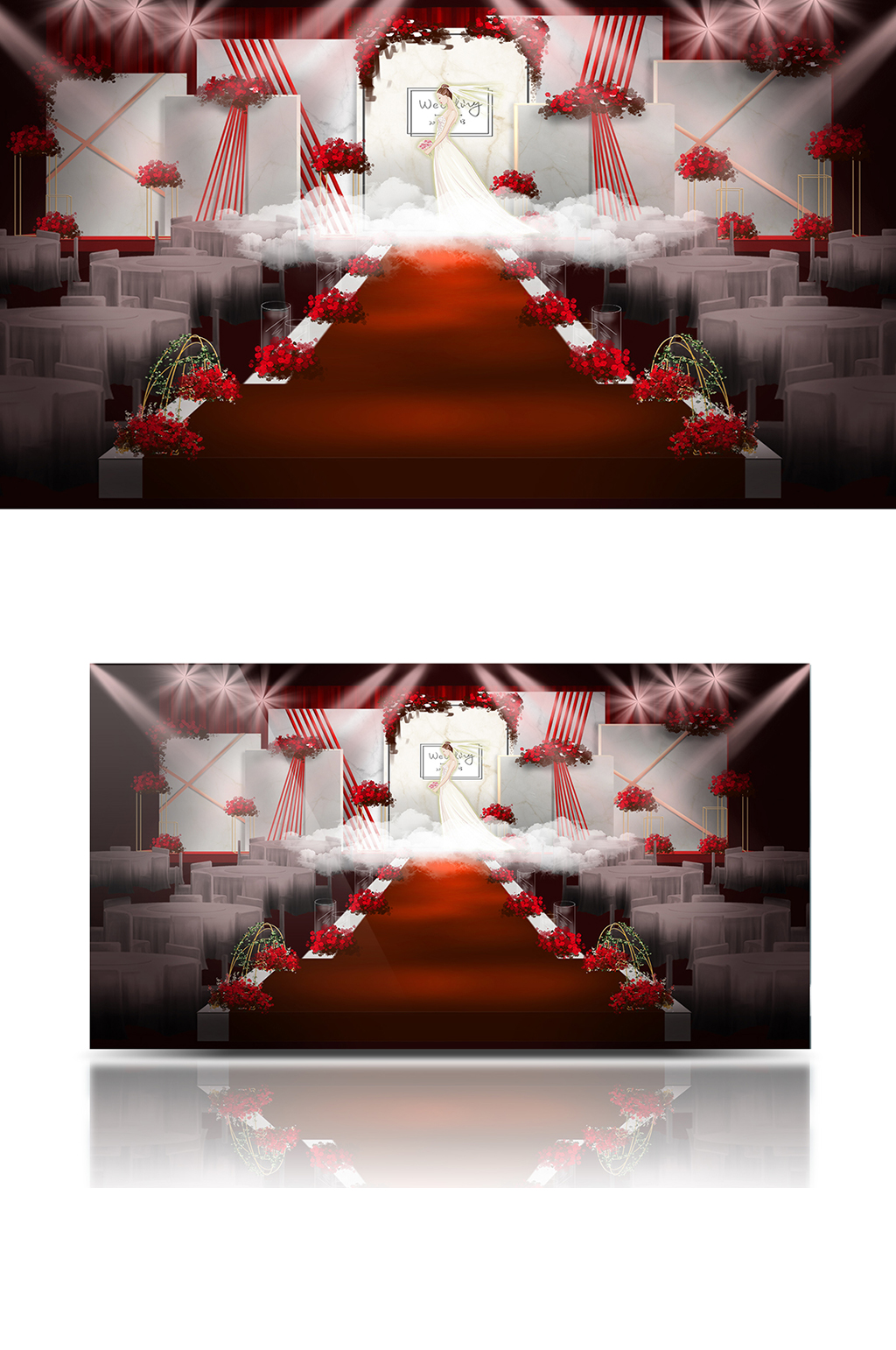 原创红白简约婚礼效果图舞台浪漫温馨素材