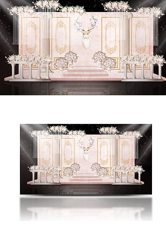 粉金色欧式婚礼效果图舞台迎宾背景板