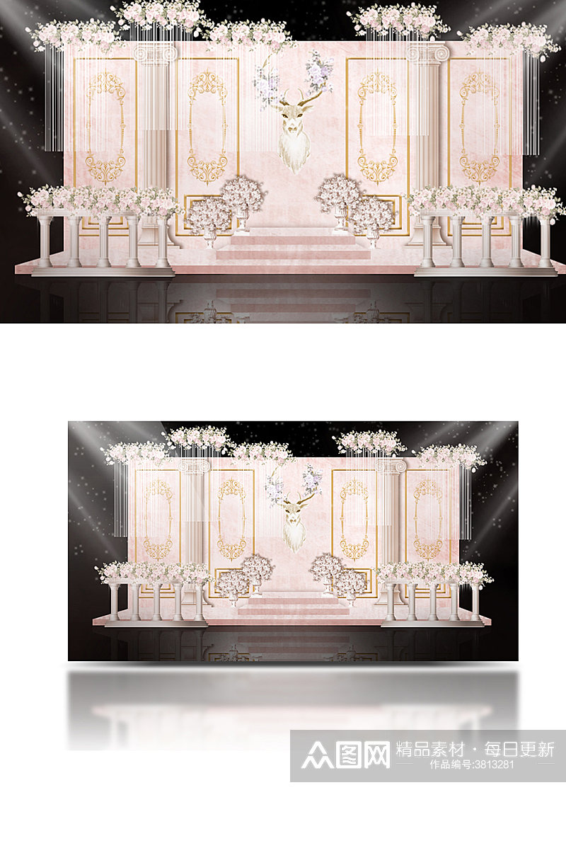 粉金色欧式婚礼效果图舞台迎宾背景板素材