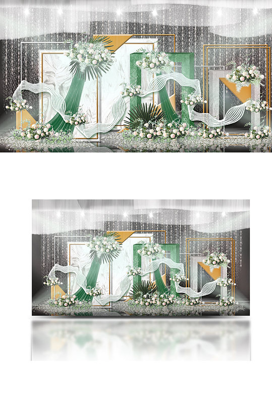 祖母绿方柱拱门金色装饰大理石纹婚礼效果图-众图网