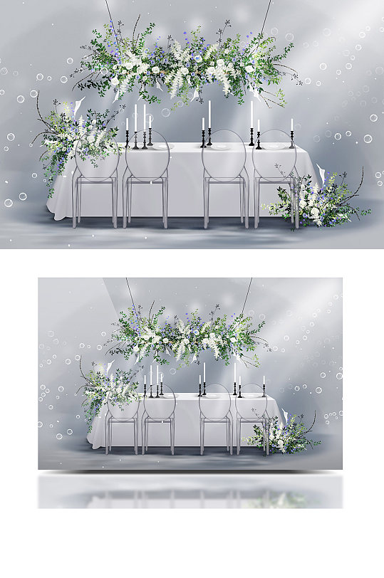 白绿清新花艺长桌晚宴生日派对婚礼效果图-众图网