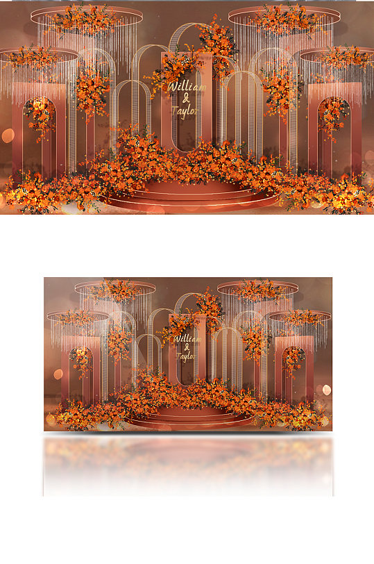 橙红色拱门镂空婚礼效果图浪漫合影区迎宾
