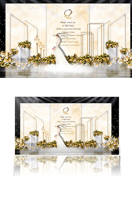 香槟色婚礼效果图迎宾浪漫合影区背景板-众图网