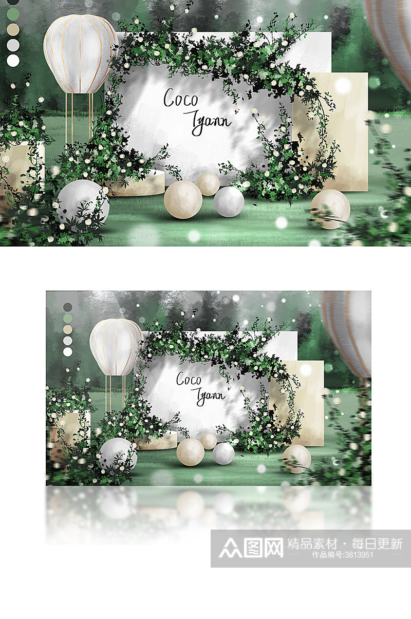白绿香槟色清新森系户外热气球婚礼效果图素材