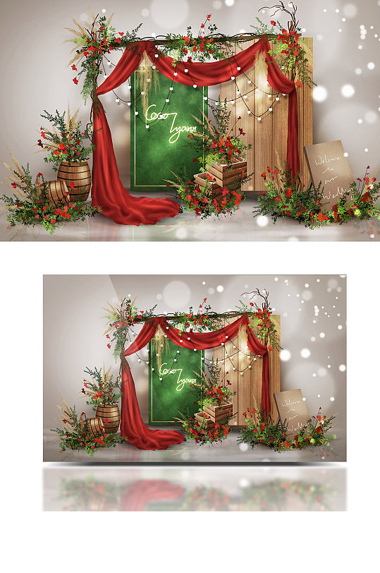 圣诞节红绿撞色田园复古派对婚礼效果图