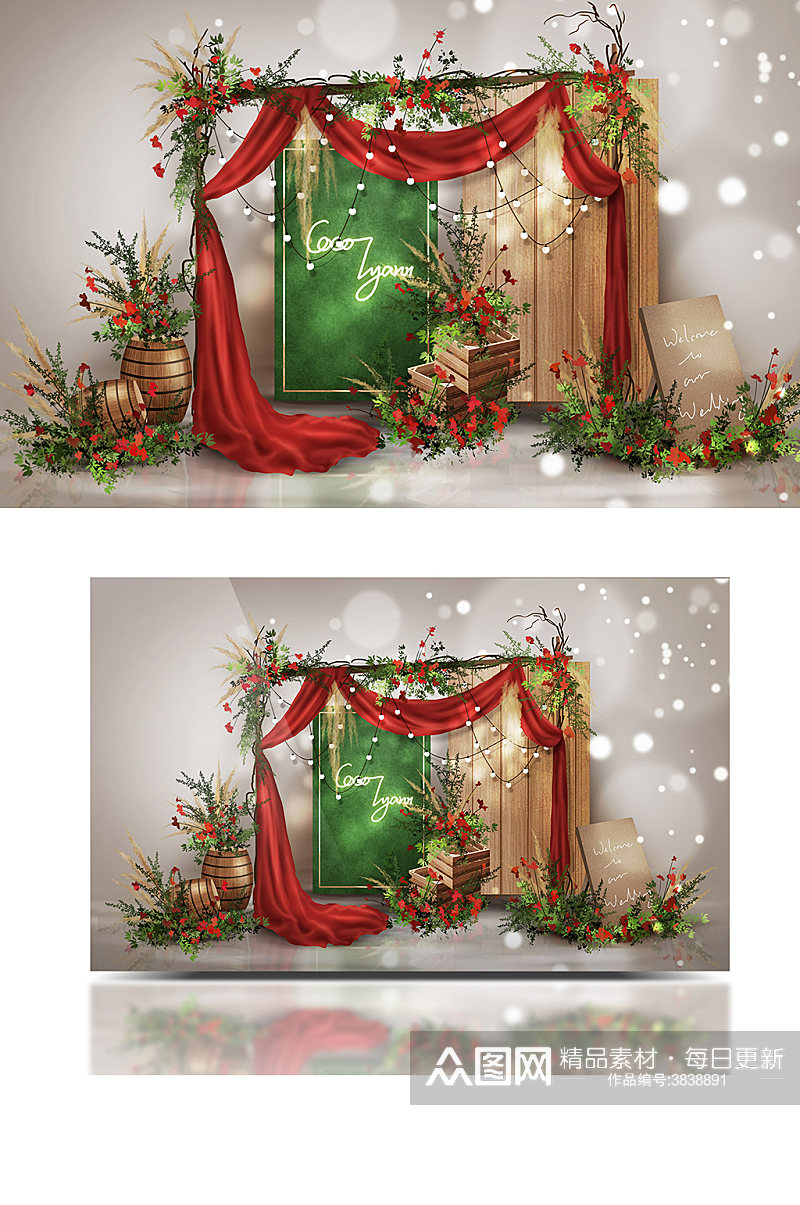 圣诞节红绿撞色田园复古派对婚礼效果图素材
