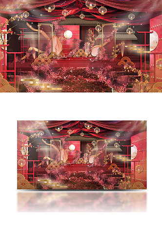 红金色中式故宫风格室内婚礼效果图中国风