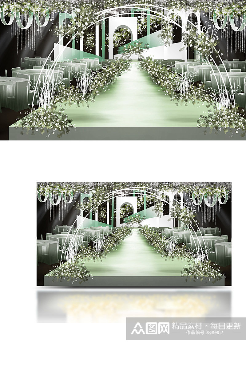 森系白绿色婚礼舞台效果图浪漫清新素材