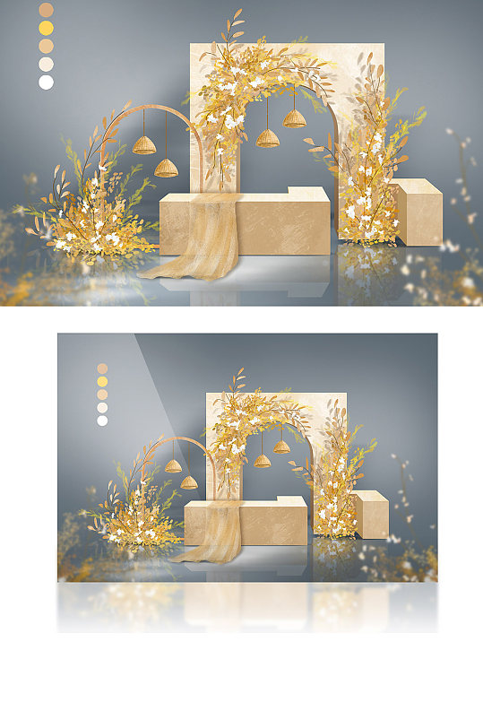 秋季香槟色清新手绘户外婚礼效果图迎宾浪漫