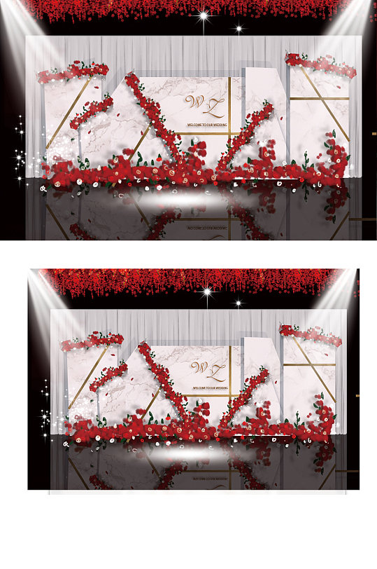 红色大理石主题婚礼迎宾区效果图背景板浪漫
