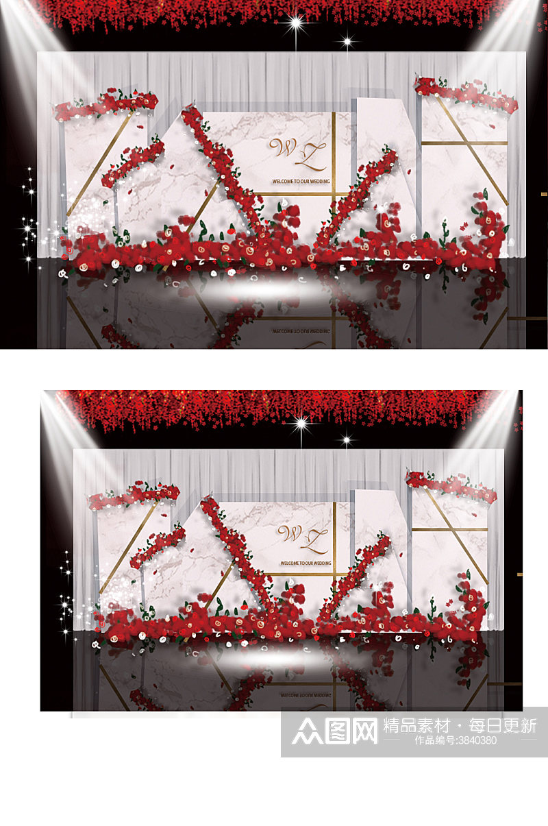 红色大理石主题婚礼迎宾区效果图背景板浪漫素材