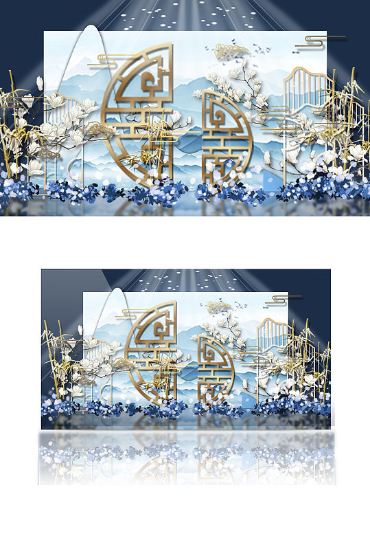 蓝色中式婚礼效果图浪漫迎宾合影区背景板-众图网