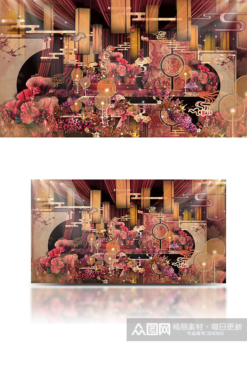 红金色中式室内舞台婚礼效果图中国风浪漫素材