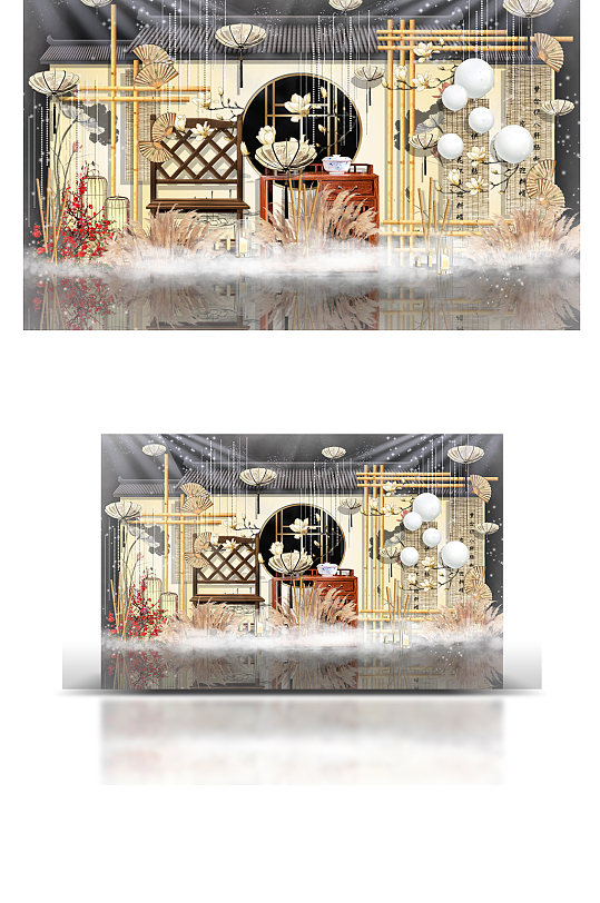 香槟色新中式江南风婚礼效果图复古温馨-众图网