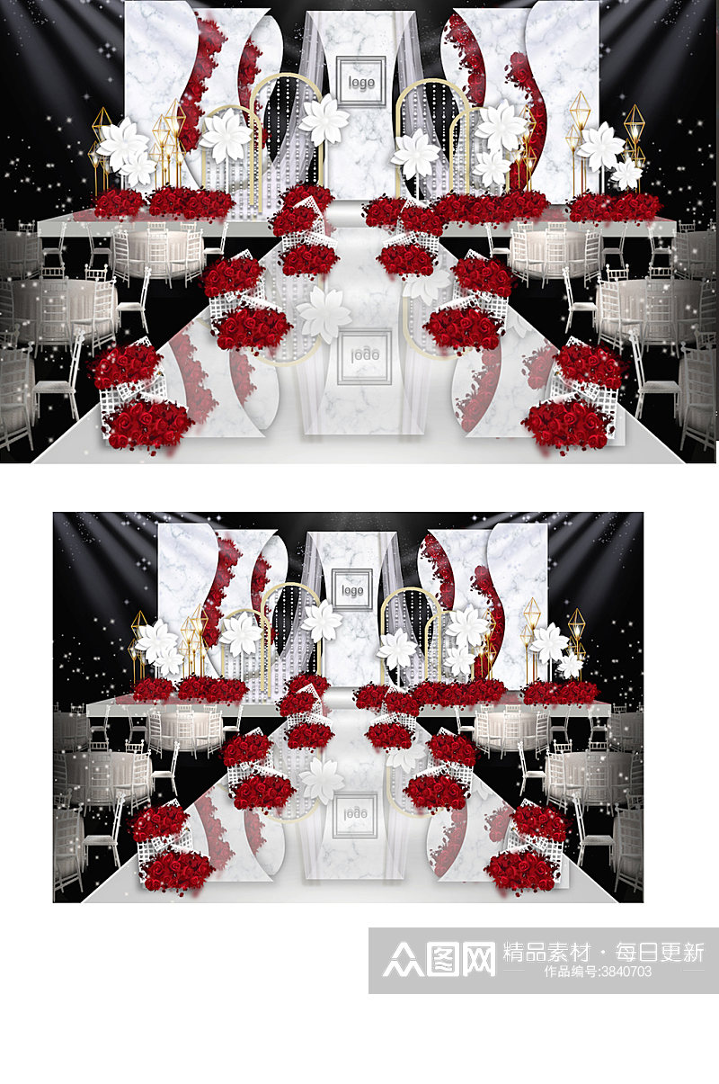 红白色系大理石纹小清新婚礼舞台效果图浪漫素材