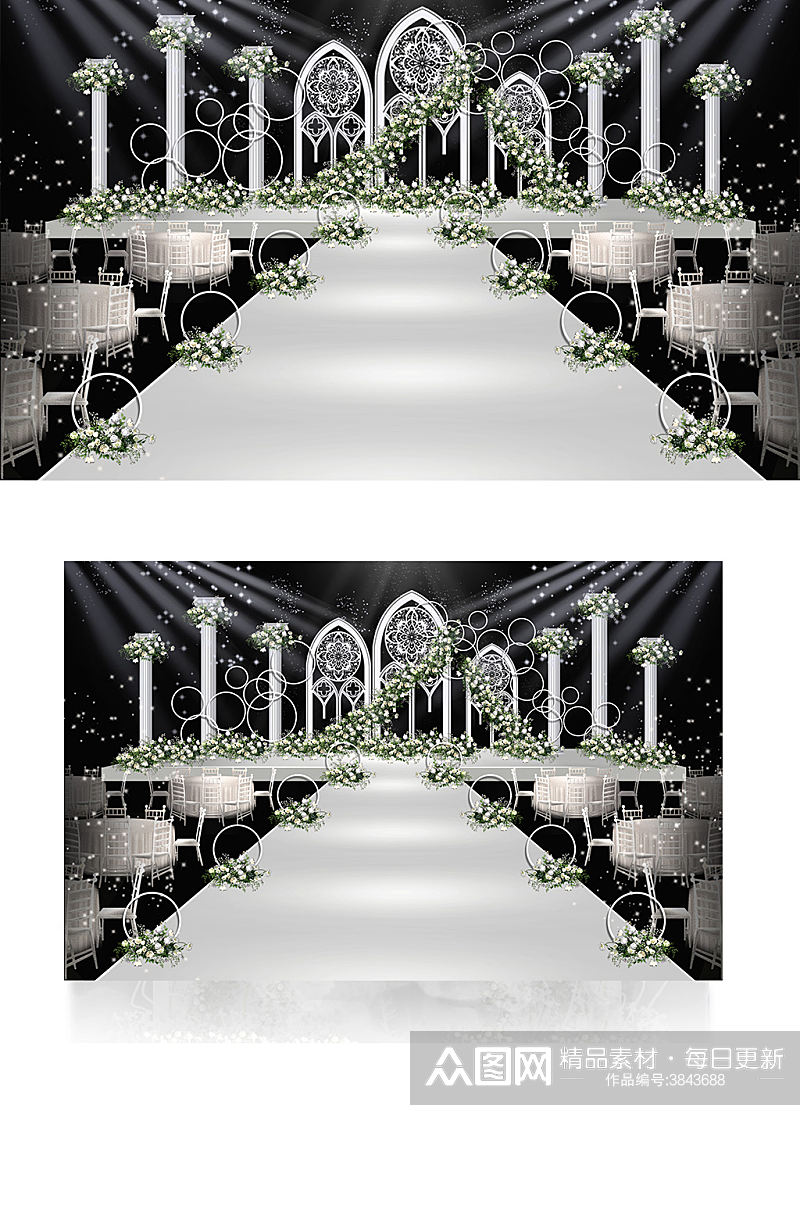 白绿色系欧式婚礼效果图浪漫舞台温馨素材