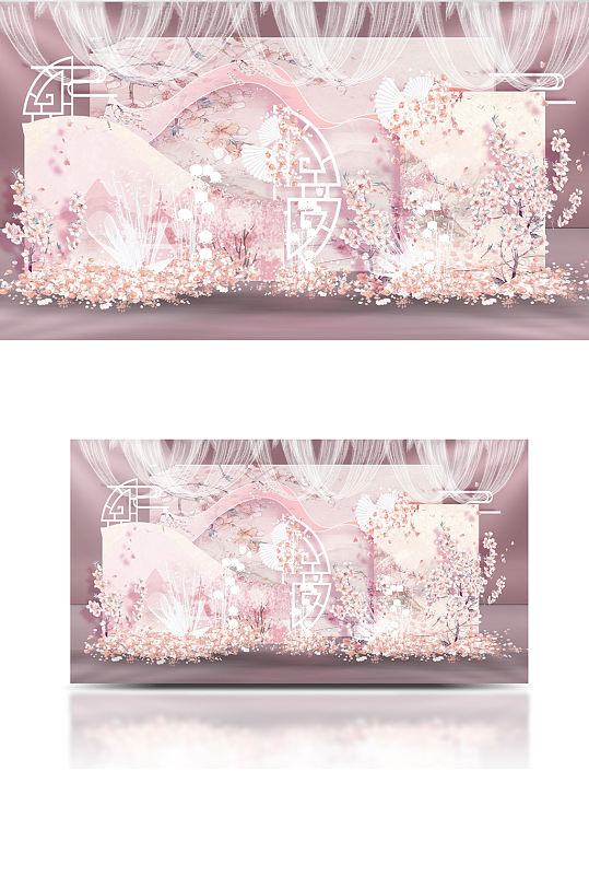 新中式粉色婚礼设计迎宾合影区背景板