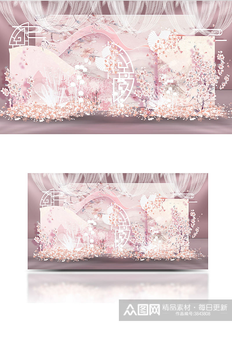 新中式粉色婚礼设计迎宾合影区背景板素材