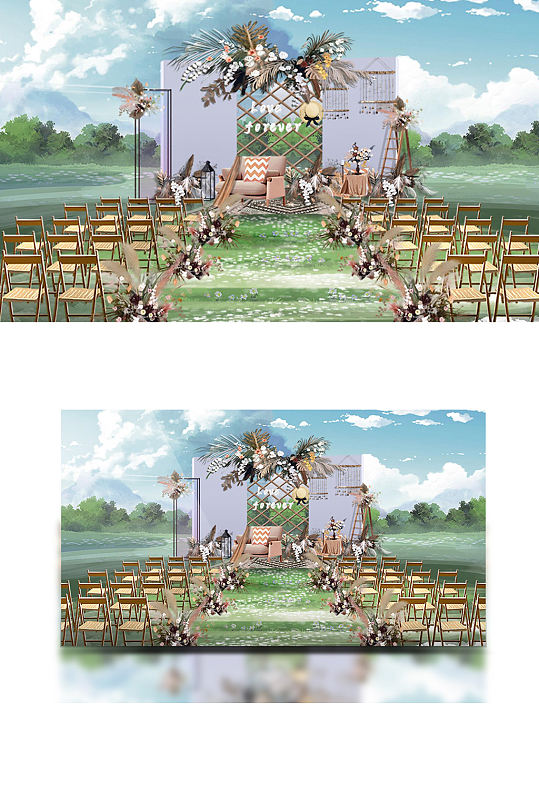 原创户外简约婚礼效果图清新简约草坪-众图网