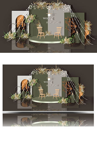 绿色婚礼效果图设计复古浪漫合影区背景板