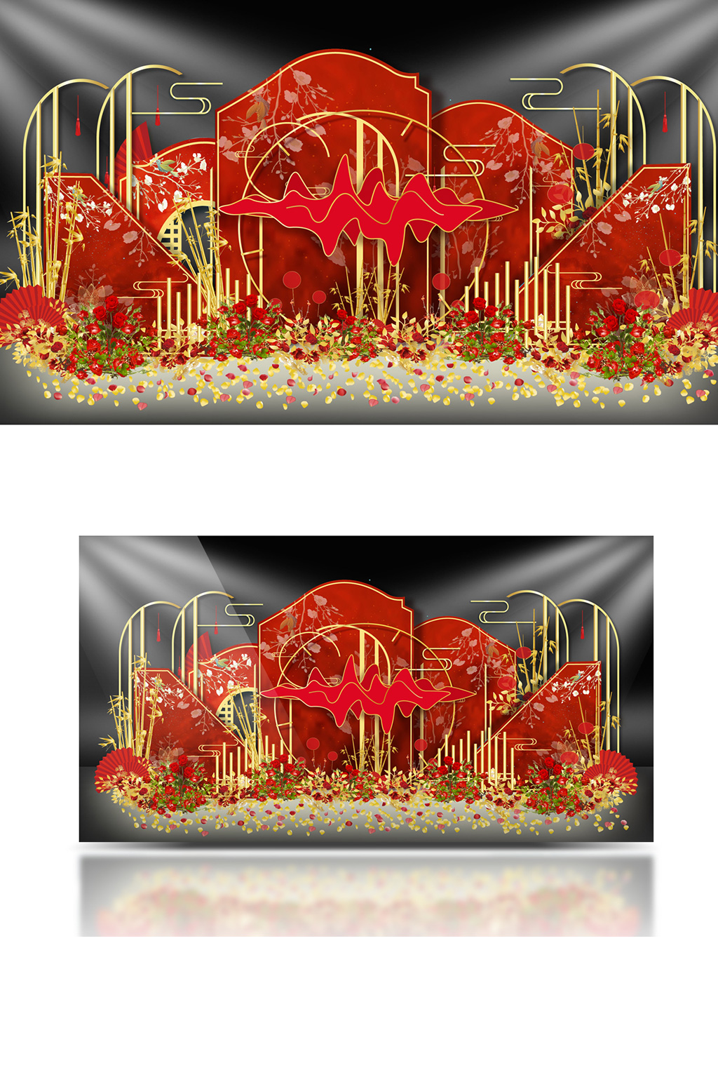 红色中式婚礼效果图设计红金色大气轻奢素材