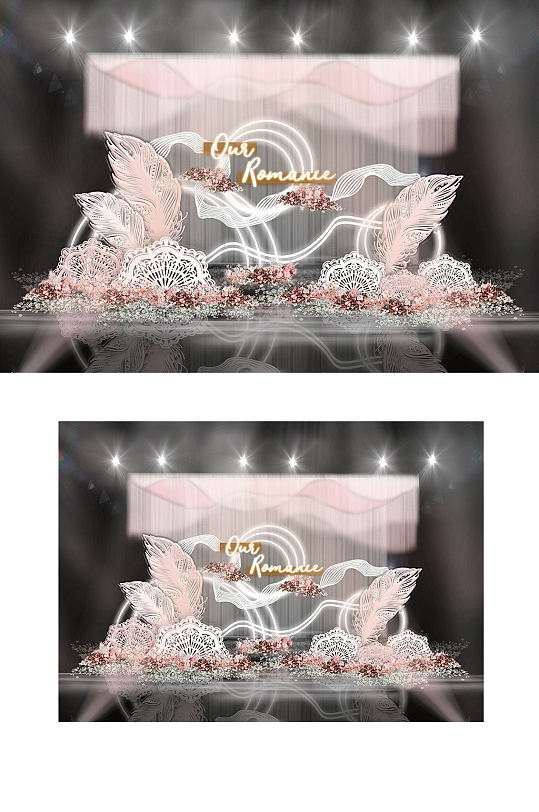 粉色羽毛雕花雕塑英文霓虹灯流线婚礼效果图