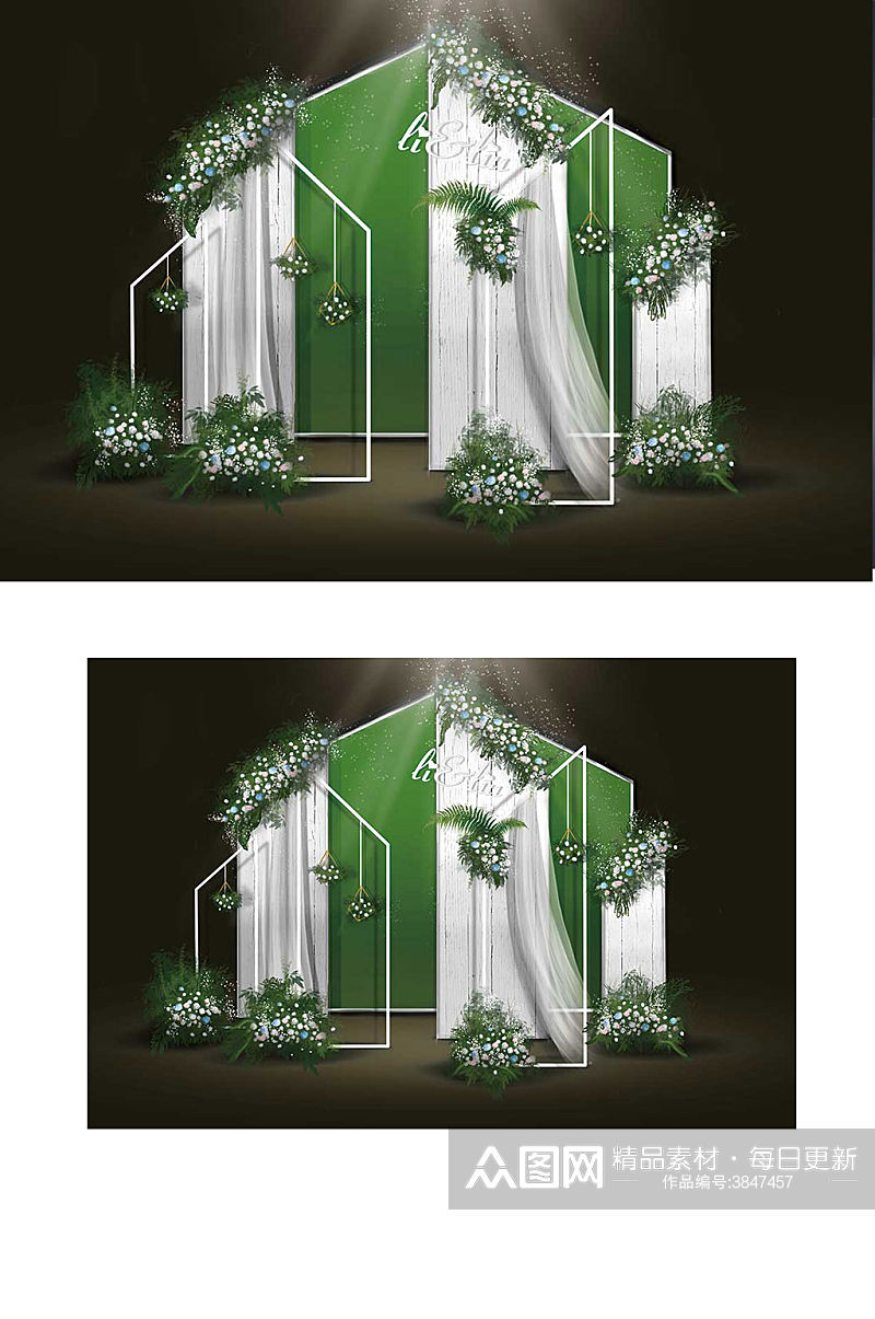 小清晰白绿迎宾区效果图浪漫温馨背景板素材