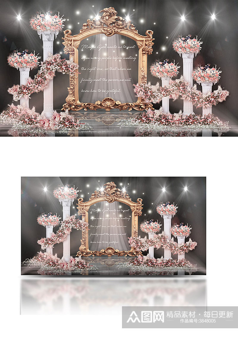 粉色欧式相框透明亚克力花海婚礼效果图素材