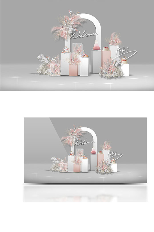 梦幻粉色婚礼合影甜品效果图简约浪漫-众图网