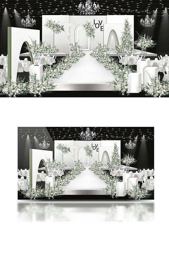 白绿韩式婚礼效果图舞台浪漫简约清新-众图网