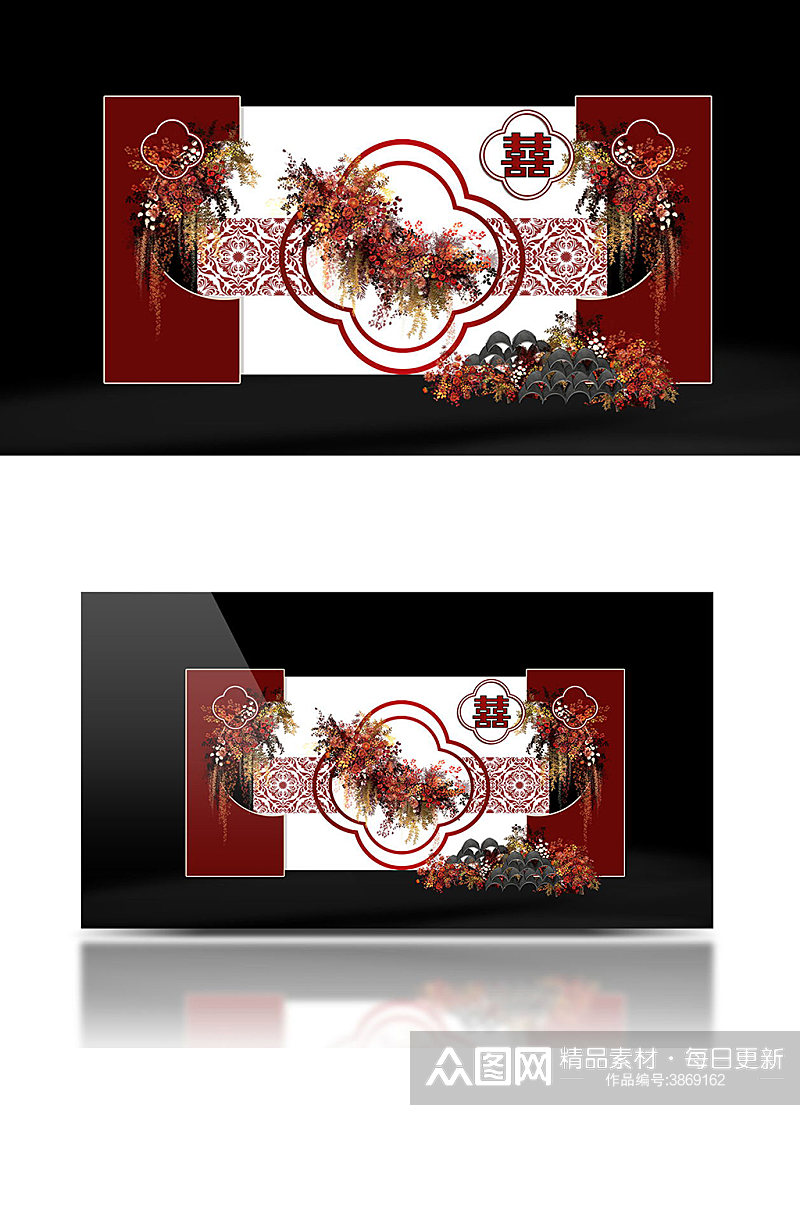 红色新中式户外婚礼效果图背景板合影区素材
