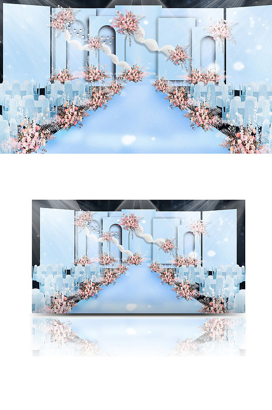 蓝粉色浪漫婚礼效果图清新梦幻背景板舞台-众图网