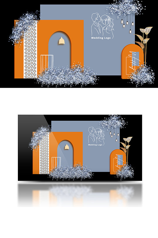 蓝橙色撞色婚礼迎宾区效果图简约合影背景板-众图网