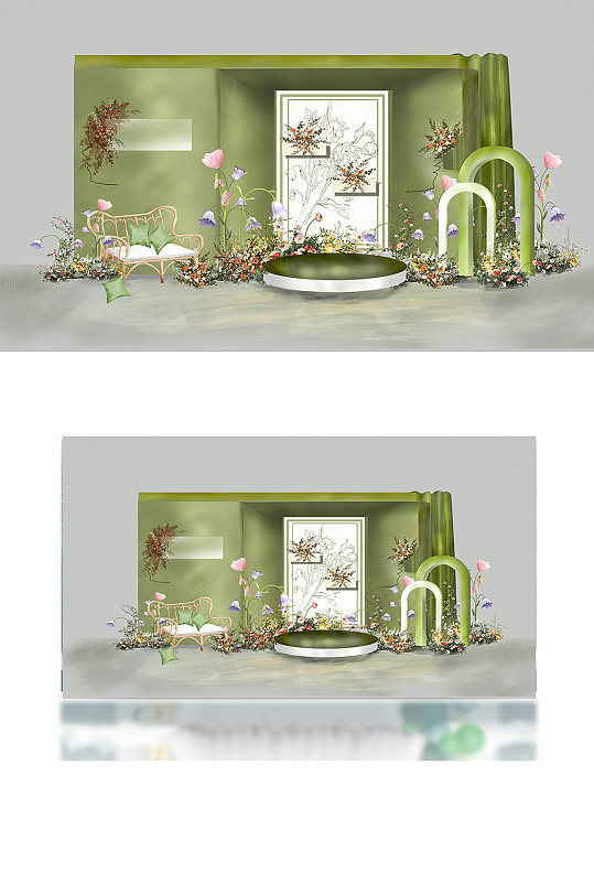 牛油果绿迎宾区手绘简约清新背景板合影区-众图网