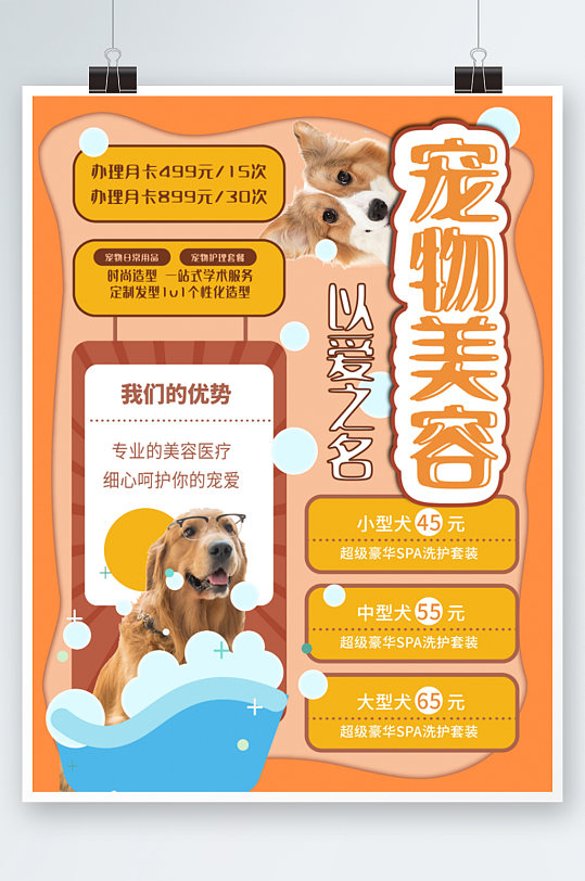 宠物美容洗澡造型促销海报橙色可爱卡通