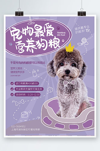宠物食物食品零食促销海报紫色可爱卡通