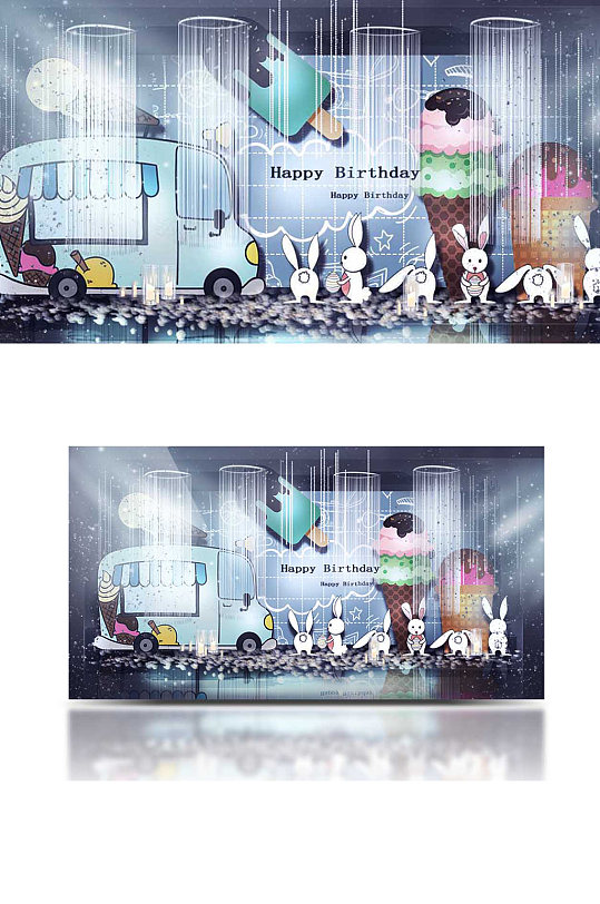 蓝色宝宝宴效果图可爱卡通生日宴简约背景板-众图网